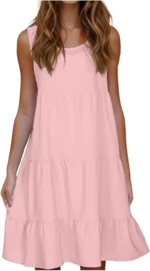 Sleeveless Sundress for Women Round Neck Pleated Ruffle Hem Midi Dress Summer Beach Vacation Casual Tank Dress