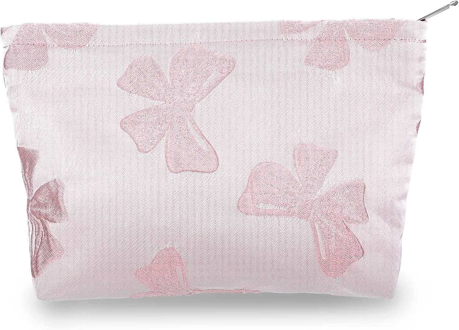 Sliverdew Makeup Bag Cosmetic Bag Large Capacity Elegant Bow Preppy Cosmetic Bag for Women and Girls Canvas Toiletry Bag Aesthetic Design Canvas Zipper Organizer Pouch Travel Accessories(Pink Bow)