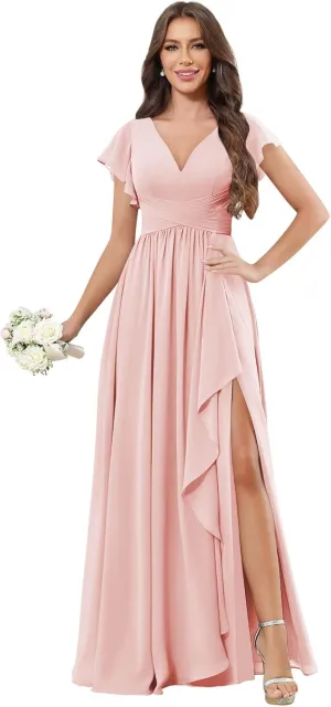 SOLODISH Chiffon Bridesmaid Dresses with Sleeves A Line Pleated Formal Evening Party Gown with Slit
