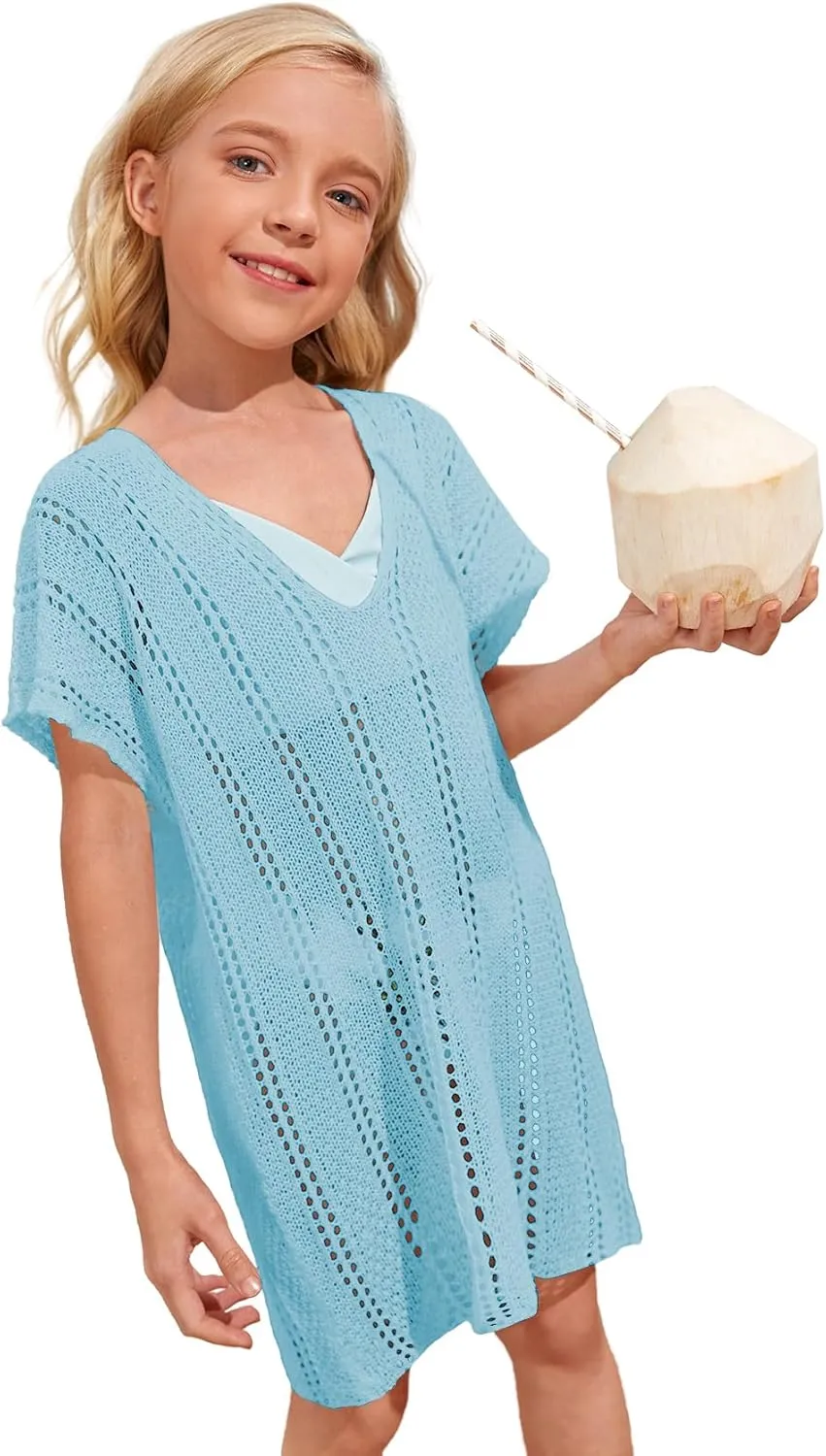 SOLY HUX Girl's V Neck Crochet Short Sleeve Beach Dress Summer Swimsuit Bikini Cover Up