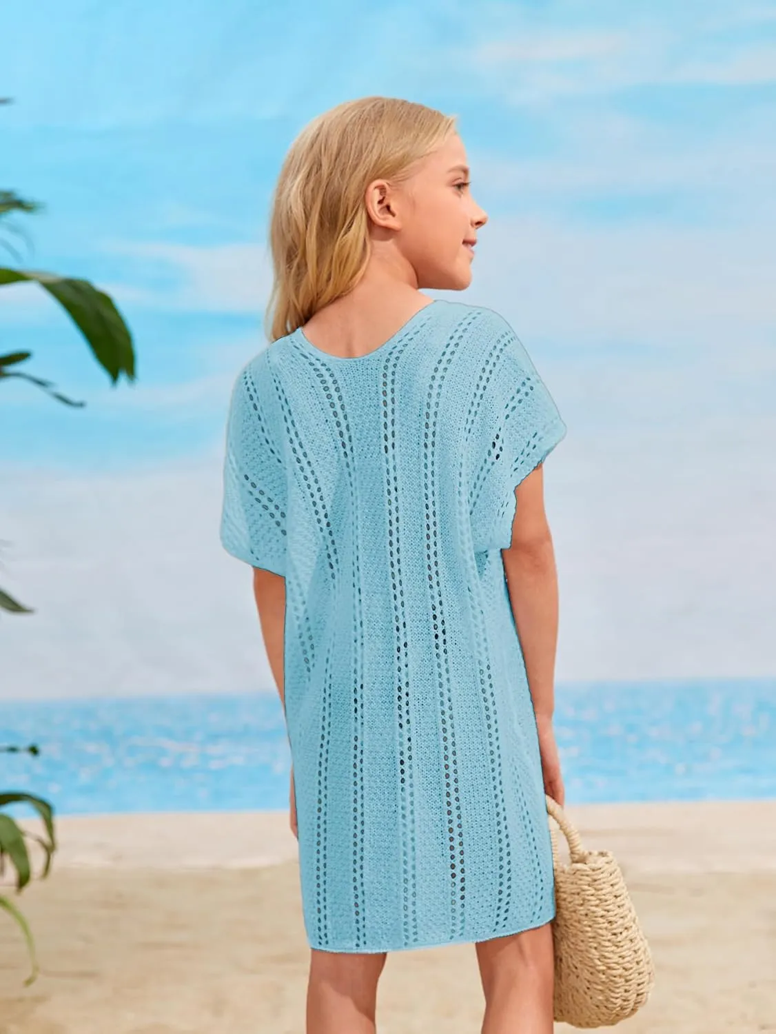 SOLY HUX Girl's V Neck Crochet Short Sleeve Beach Dress Summer Swimsuit Bikini Cover Up