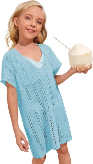 SOLY HUX Girl's V Neck Crochet Short Sleeve Beach Dress Summer Swimsuit Bikini Cover Up