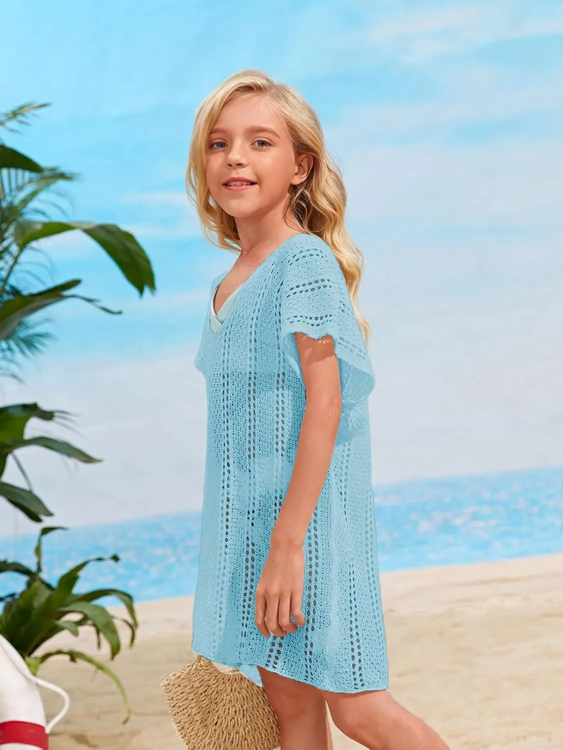 SOLY HUX Girl's V Neck Crochet Short Sleeve Beach Dress Summer Swimsuit Bikini Cover Up