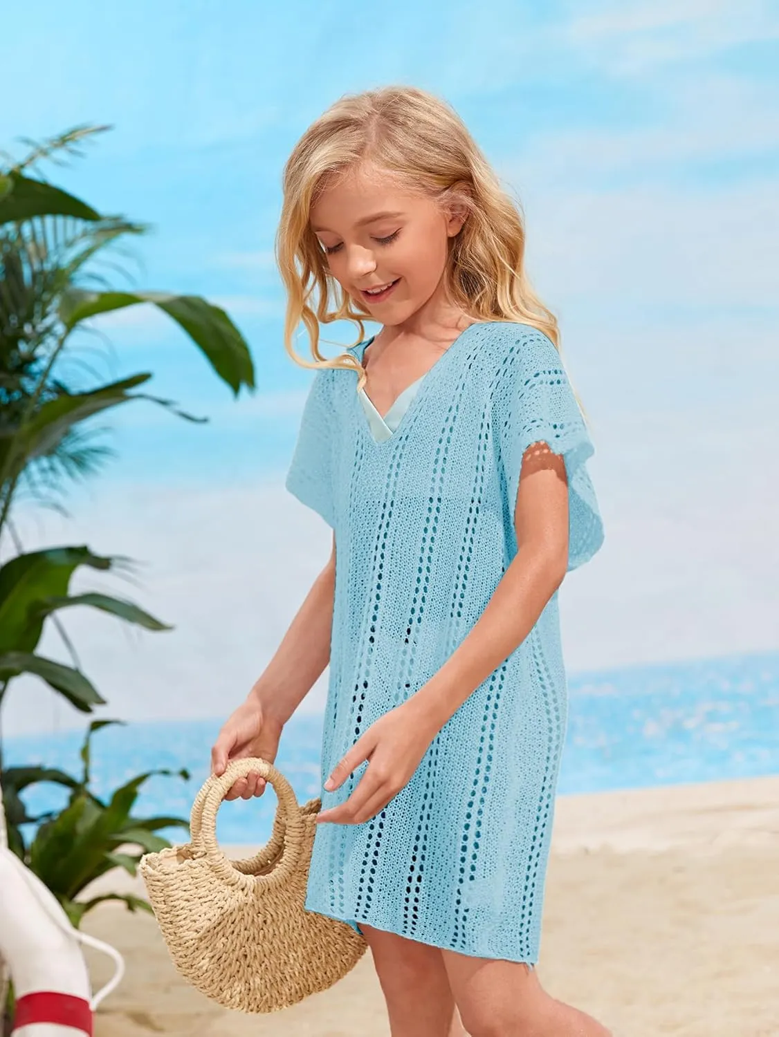 SOLY HUX Girl's V Neck Crochet Short Sleeve Beach Dress Summer Swimsuit Bikini Cover Up