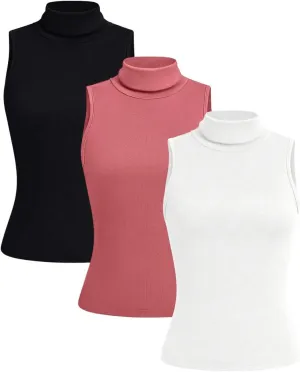 SOLY HUX Women's 3 Piece Tank Top Turtleneck Sleeveless Going Out Tops Casual Solid Tops