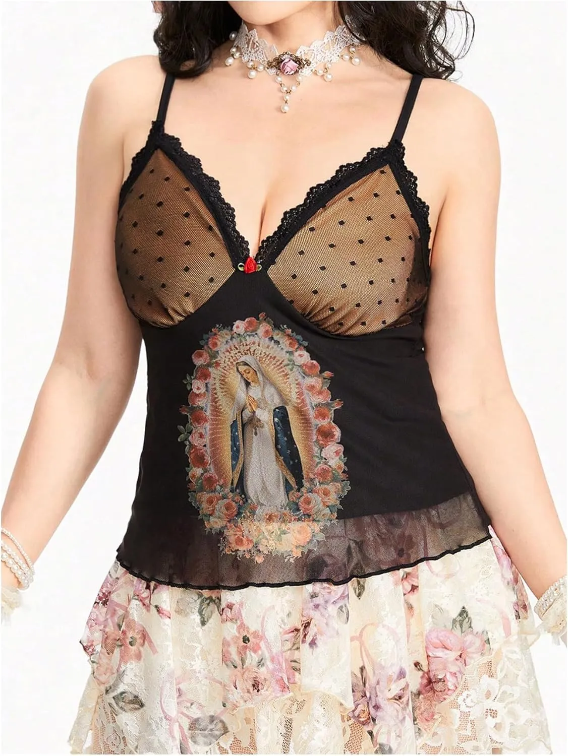 SOLY HUX Women's Lace Mesh Cami Tops Graphic Print V Neck Spaghetti Strap Y2k Camisole Tops