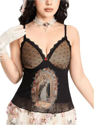 SOLY HUX Women's Lace Mesh Cami Tops Graphic Print V Neck Spaghetti Strap Y2k Camisole Tops