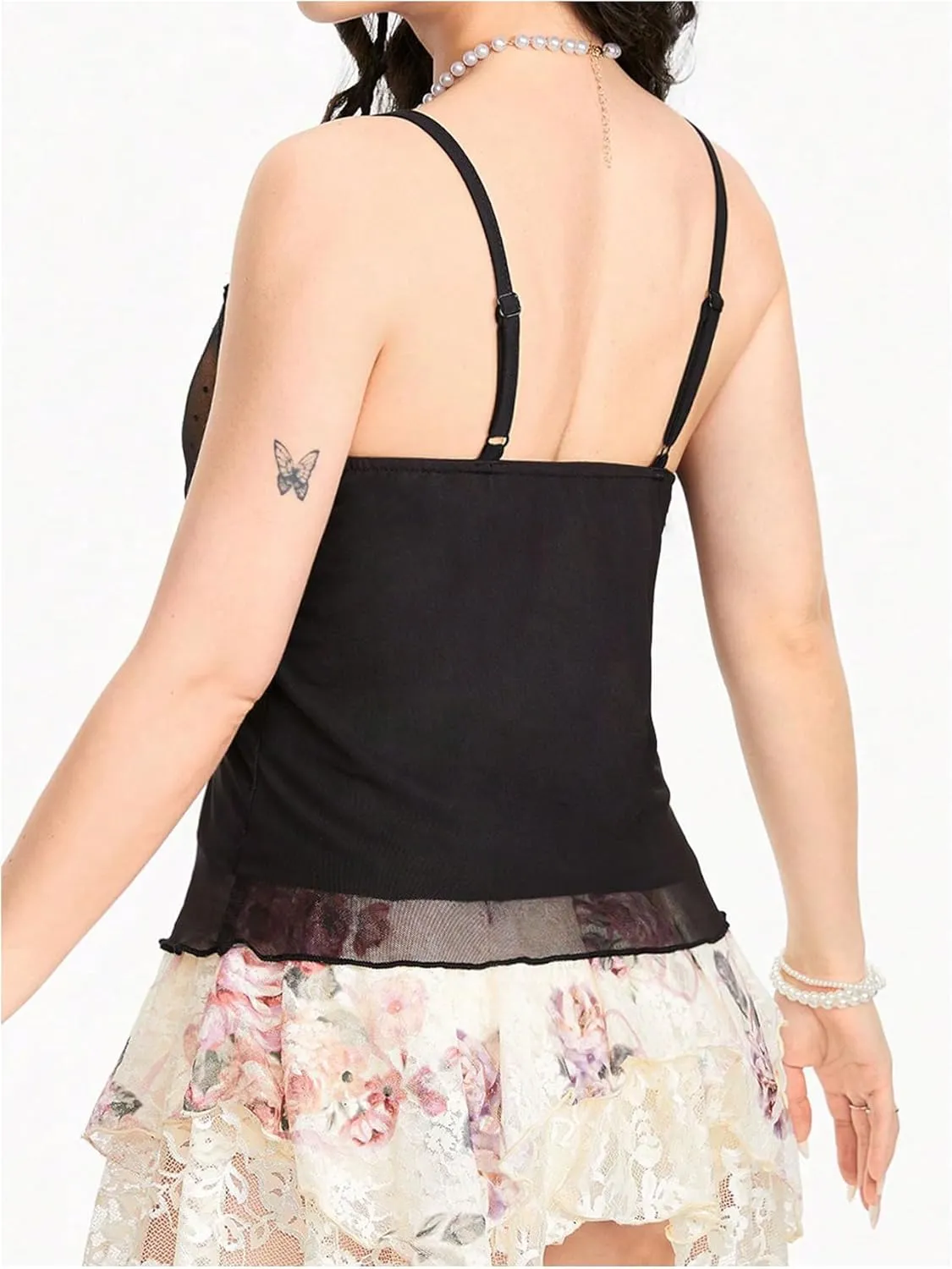 SOLY HUX Women's Lace Mesh Cami Tops Graphic Print V Neck Spaghetti Strap Y2k Camisole Tops