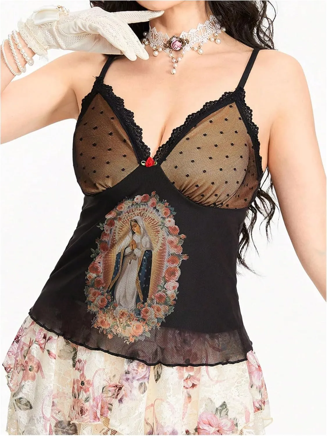 SOLY HUX Women's Lace Mesh Cami Tops Graphic Print V Neck Spaghetti Strap Y2k Camisole Tops