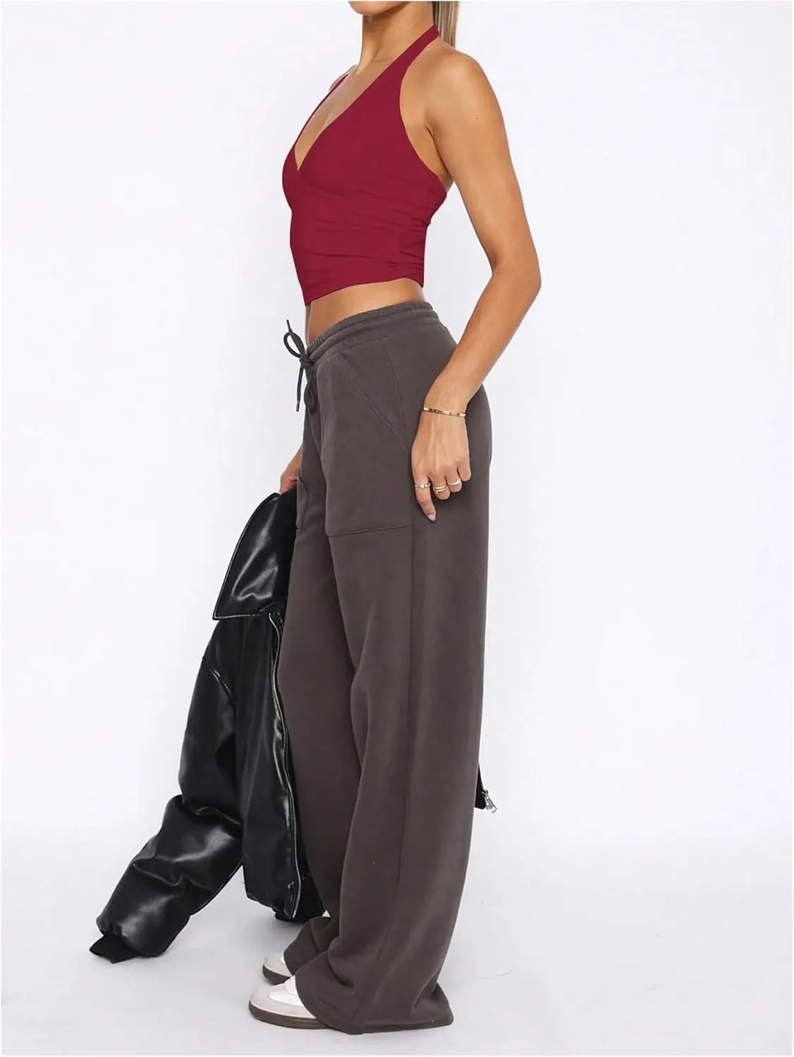 SOLY HUX Women's Y2K Halter Crop Tops V Neck Sleeveless Backless Going Out Slim Fit Tops