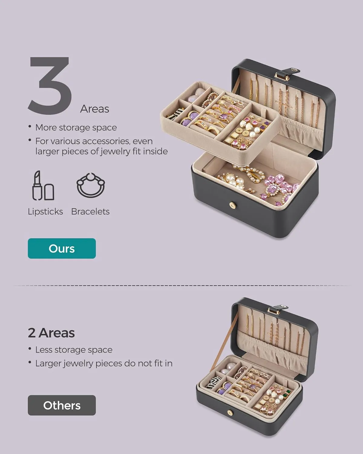 SONGMICS Jewelry Box, Travel Jewelry Case, 2-Layer Jewelry Holder Organizer, Portable Versatile Earring Storage, for Larger Accessories, Slate Gray UJBC166G01