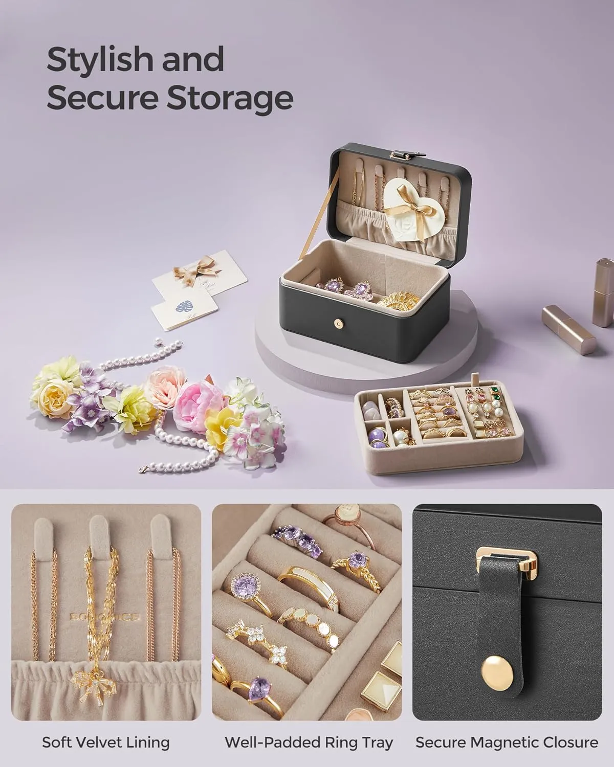 SONGMICS Jewelry Box, Travel Jewelry Case, 2-Layer Jewelry Holder Organizer, Portable Versatile Earring Storage, for Larger Accessories, Slate Gray UJBC166G01