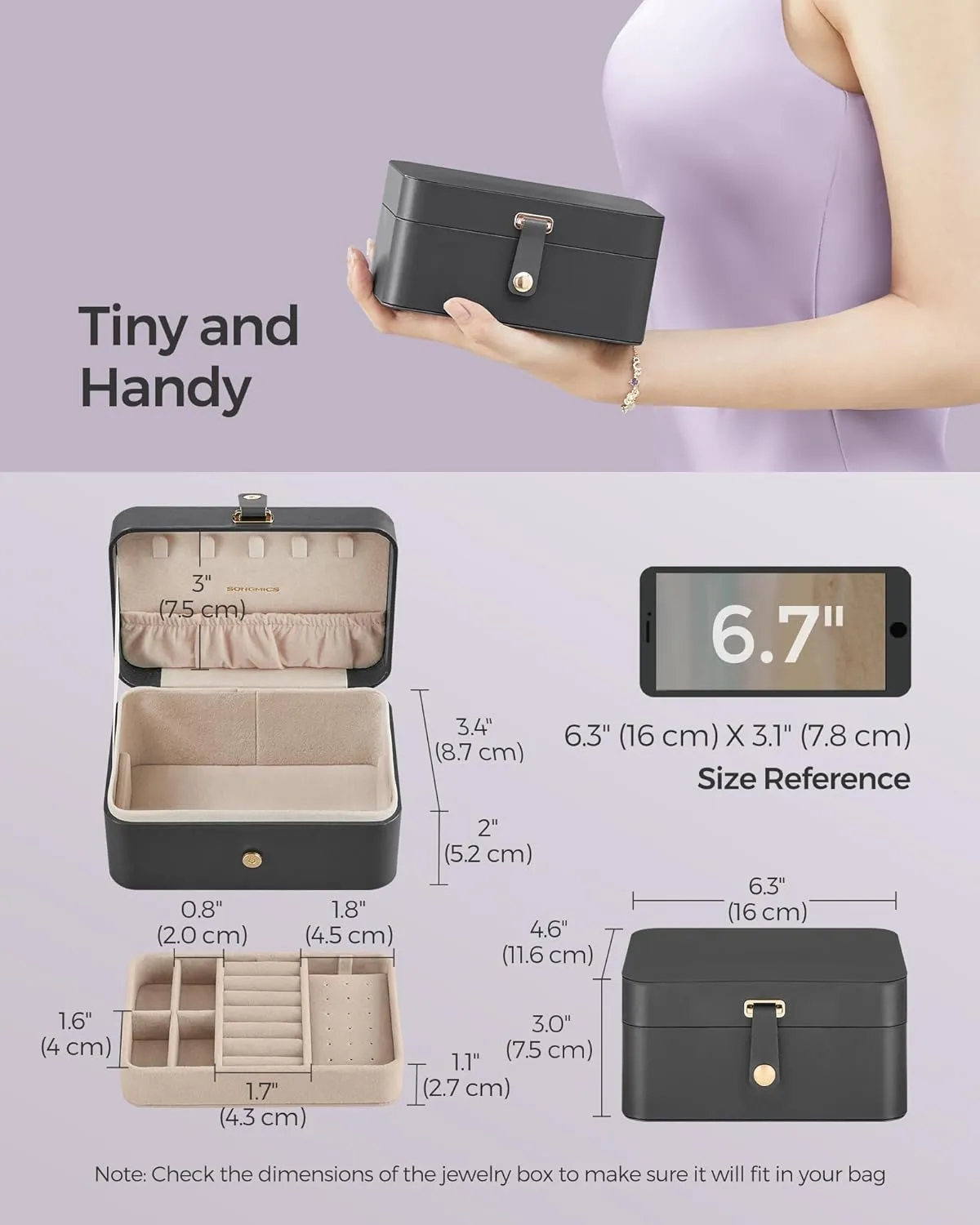 SONGMICS Jewelry Box, Travel Jewelry Case, 2-Layer Jewelry Holder Organizer, Portable Versatile Earring Storage, for Larger Accessories, Slate Gray UJBC166G01