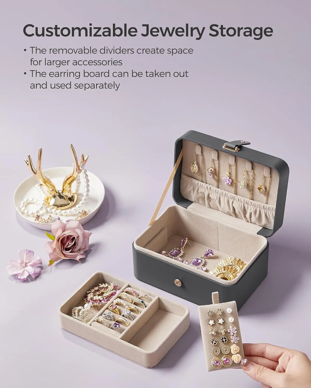 SONGMICS Jewelry Box, Travel Jewelry Case, 2-Layer Jewelry Holder Organizer, Portable Versatile Earring Storage, for Larger Accessories, Slate Gray UJBC166G01