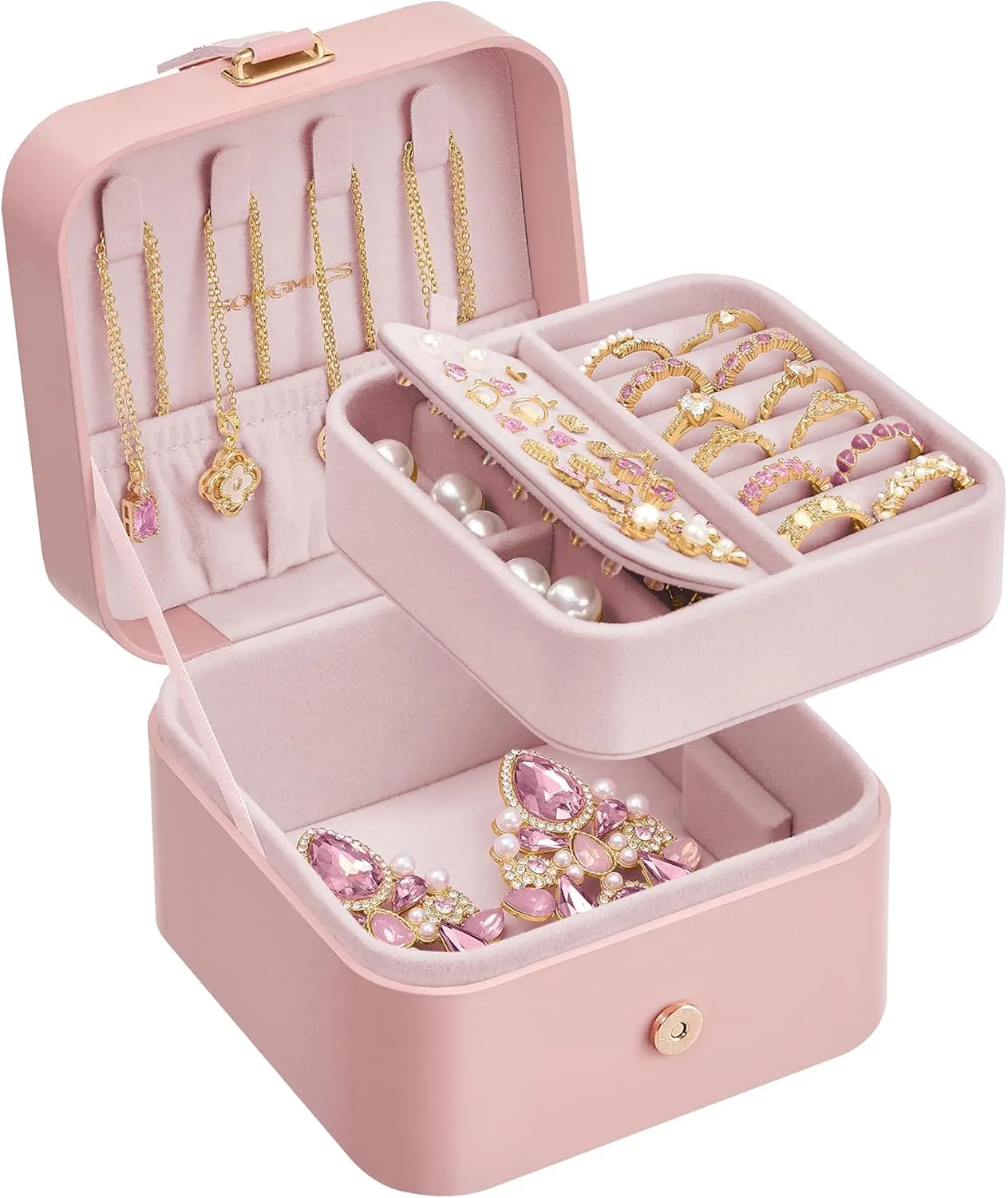 SONGMICS Jewelry Box, Travel Jewelry Case, 2-Layer Jewelry Holder Organizer, Portable Versatile Earring Storage, for Small Accessories, Jelly Pink UJBC185R02