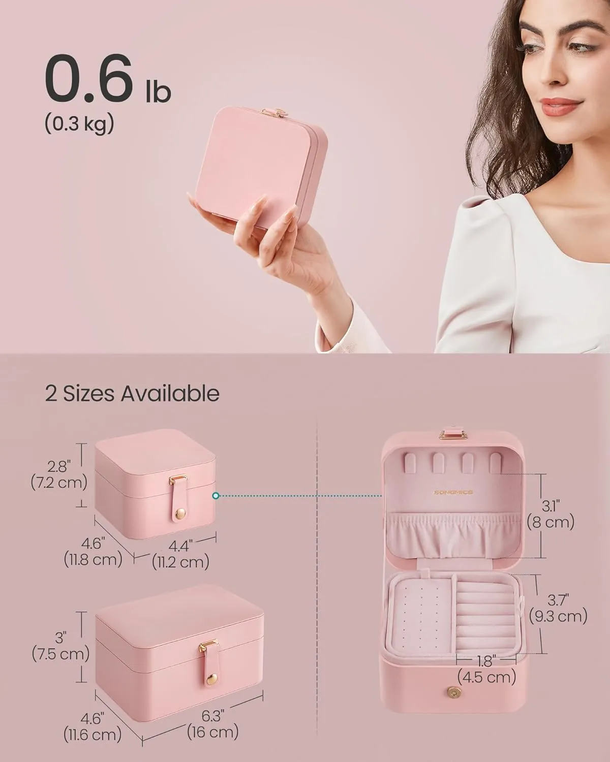SONGMICS Jewelry Box, Travel Jewelry Case, 2-Layer Jewelry Holder Organizer, Portable Versatile Earring Storage, for Small Accessories, Jelly Pink UJBC185R02
