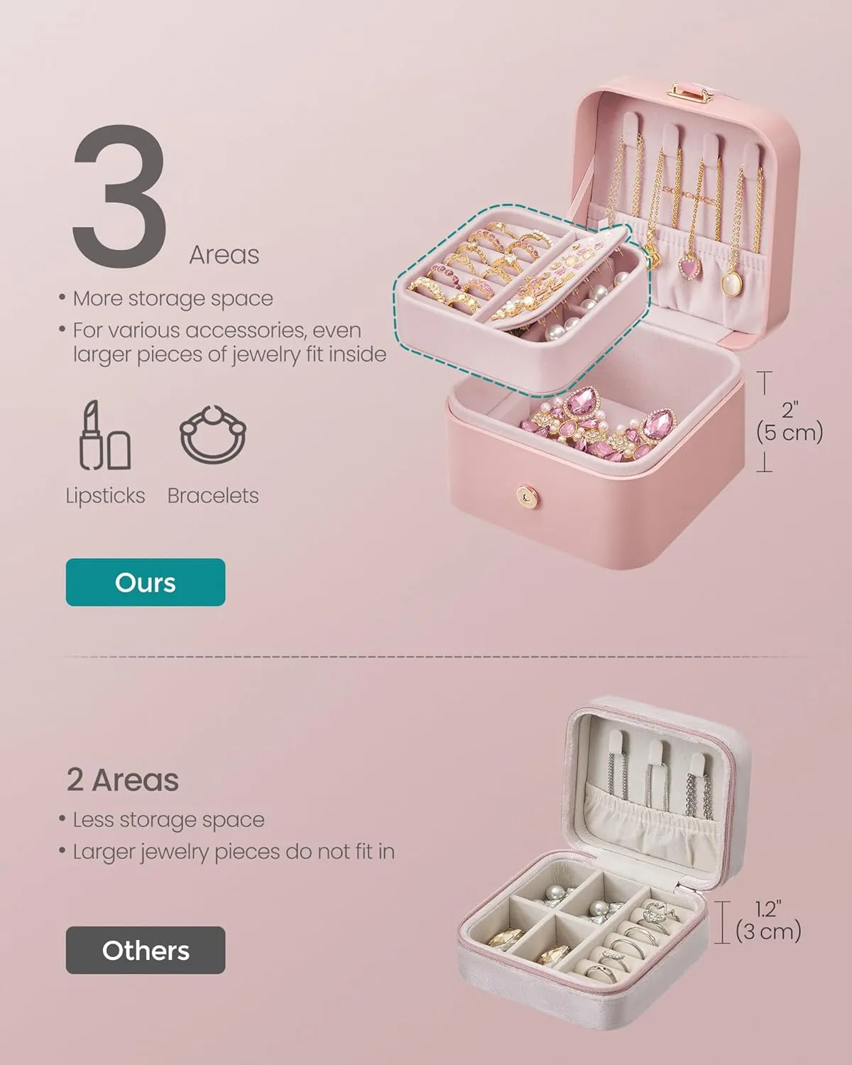 SONGMICS Jewelry Box, Travel Jewelry Case, 2-Layer Jewelry Holder Organizer, Portable Versatile Earring Storage, for Small Accessories, Jelly Pink UJBC185R02