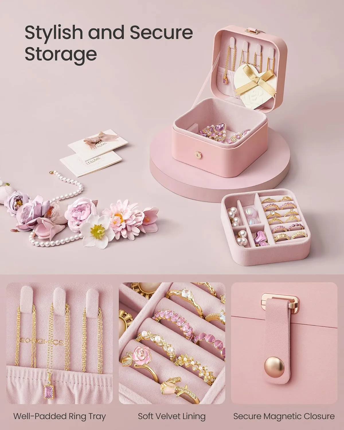 SONGMICS Jewelry Box, Travel Jewelry Case, 2-Layer Jewelry Holder Organizer, Portable Versatile Earring Storage, for Small Accessories, Jelly Pink UJBC185R02