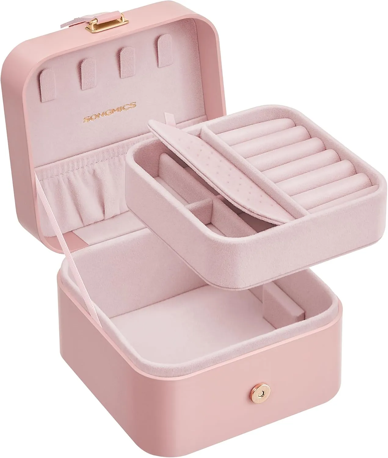 SONGMICS Jewelry Box, Travel Jewelry Case, 2-Layer Jewelry Holder Organizer, Portable Versatile Earring Storage, for Small Accessories, Jelly Pink UJBC185R02