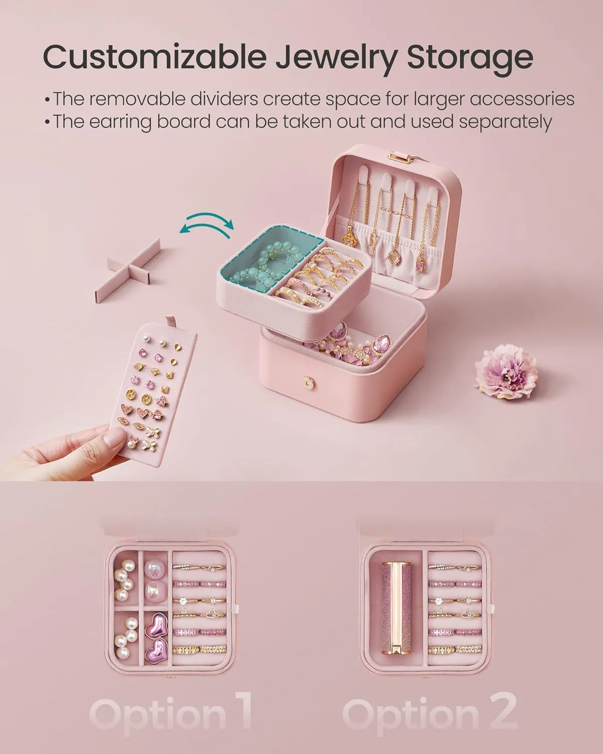 SONGMICS Jewelry Box, Travel Jewelry Case, 2-Layer Jewelry Holder Organizer, Portable Versatile Earring Storage, for Small Accessories, Jelly Pink UJBC185R02