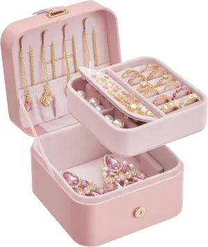 SONGMICS Jewelry Box, Travel Jewelry Case, 2-Layer Jewelry Holder Organizer, Portable Versatile Earring Storage, for Small Accessories, Jelly Pink UJBC185R02