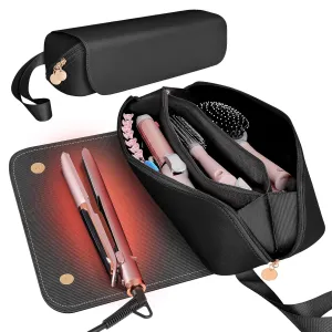 SS Hair Tools Travel Bag and Heat Resistant Mat for Hot Tools, Leather Curling Iron Case, Portable Essentials for Women, Black