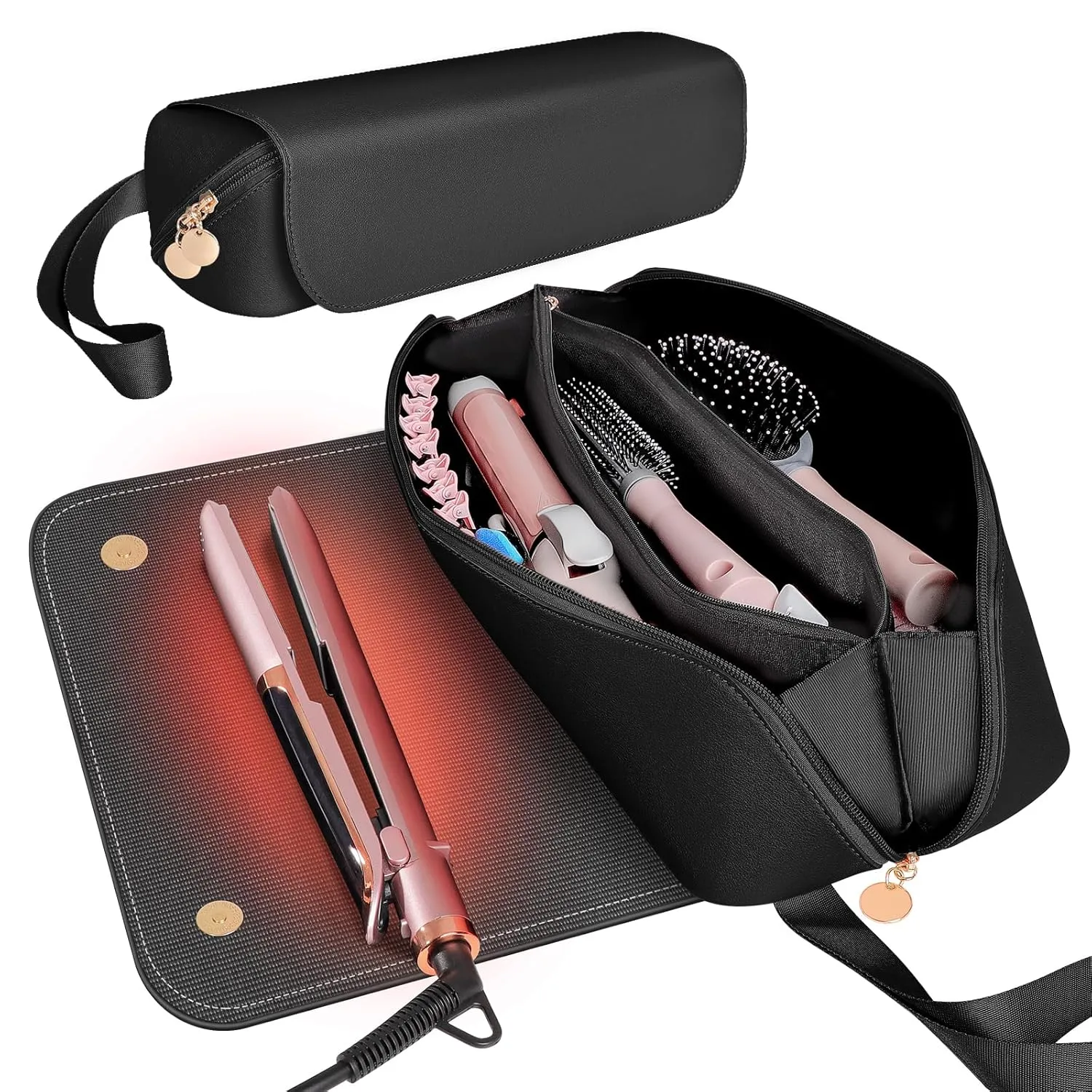 SS Hair Tools Travel Bag and Heat Resistant Mat for Hot Tools, Leather Curling Iron Case, Portable Essentials for Women, Black