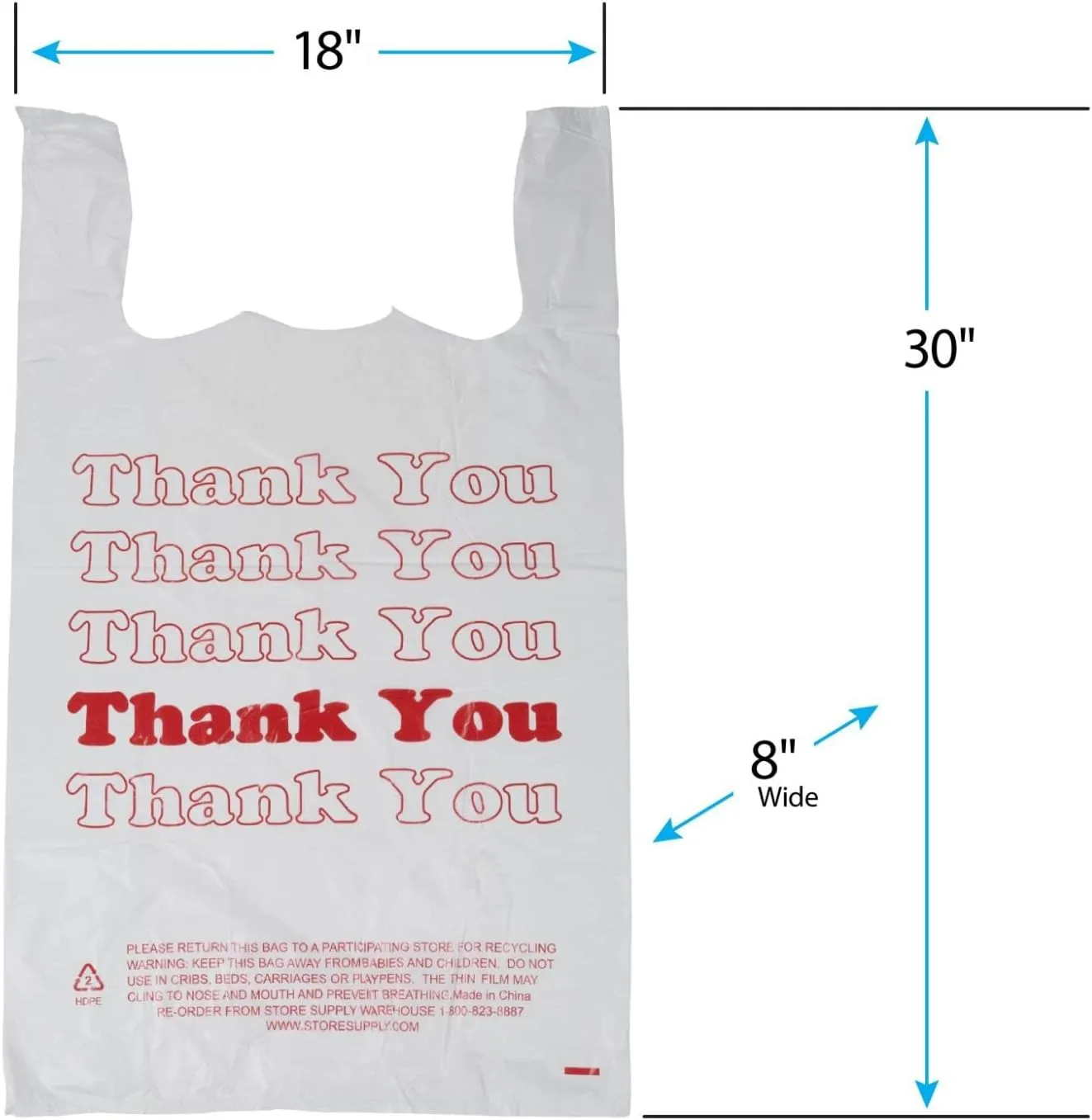 SSWBasics Premium Thank You T-Shirt Bags - 500 - Pack, 18 x 8" x 30", .48mil HDPE Thickness - Ideal for Restaurants, Retail, Grocery, Takeout - Standard Supermarket Size - Strong and Durable
