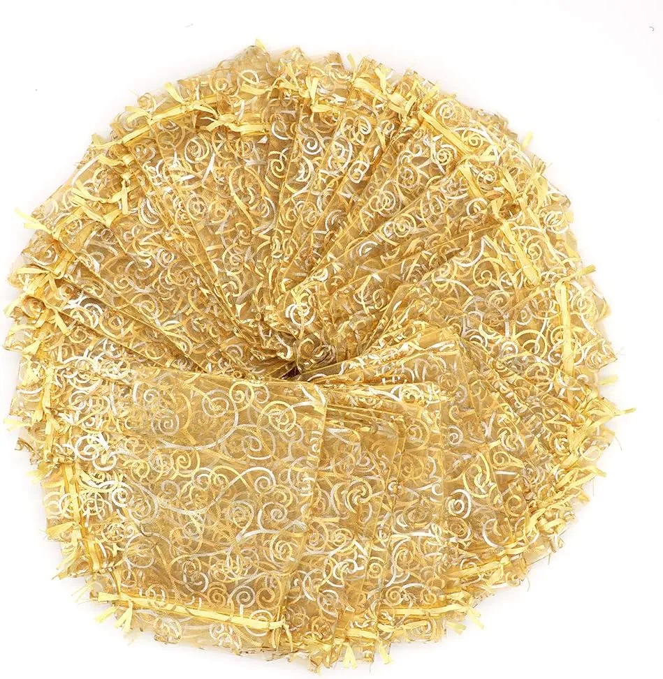 Staruby Organza Gift Bags 100Pcs Gold Sheer Organza Bag 4x6 Inch Mesh Favor Bags Drawstring Jewelry Rattan Printed Gift Pouches for Wedding Party Favors Baby Shower Christmas Gifts Candy Bags