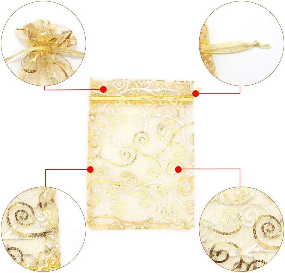 Staruby Organza Gift Bags 100Pcs Gold Sheer Organza Bag 4x6 Inch Mesh Favor Bags Drawstring Jewelry Rattan Printed Gift Pouches for Wedding Party Favors Baby Shower Christmas Gifts Candy Bags