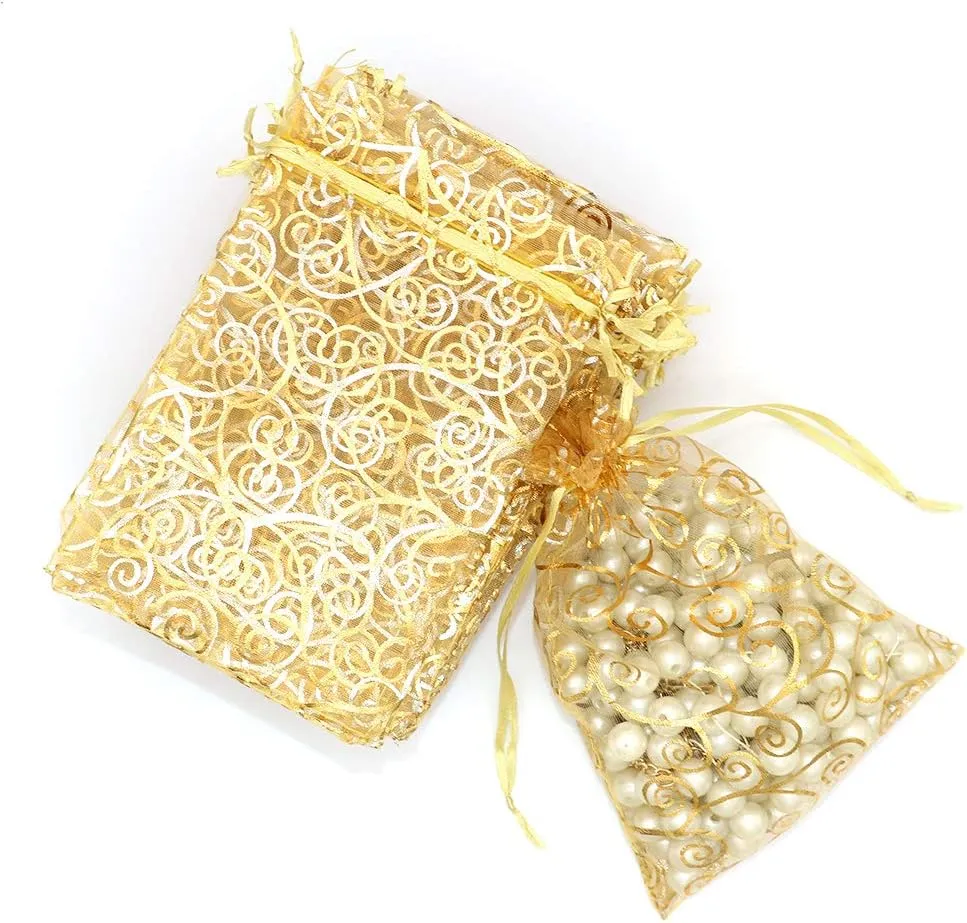 Staruby Organza Gift Bags 100Pcs Gold Sheer Organza Bag 4x6 Inch Mesh Favor Bags Drawstring Jewelry Rattan Printed Gift Pouches for Wedding Party Favors Baby Shower Christmas Gifts Candy Bags