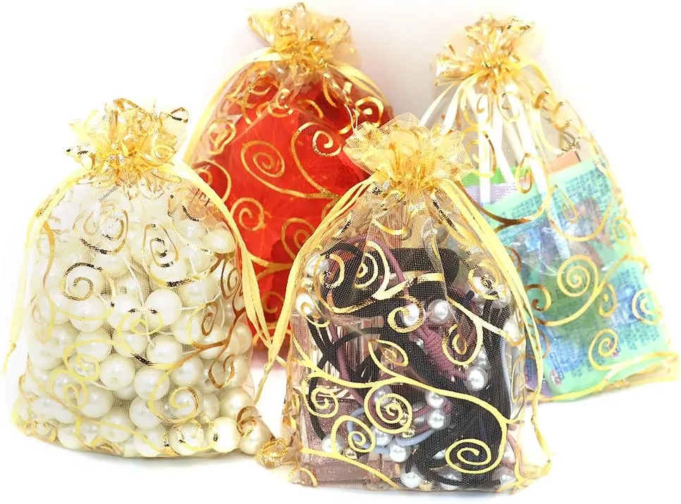 Staruby Organza Gift Bags 100Pcs Gold Sheer Organza Bag 4x6 Inch Mesh Favor Bags Drawstring Jewelry Rattan Printed Gift Pouches for Wedding Party Favors Baby Shower Christmas Gifts Candy Bags
