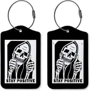 Stay Positive Luggage Tags for Suitcases,Funny Skull 2 Pack Baggage Tag Label with Steel Loop,Vintage Black Handbag School Bag Backpack Traveling Accessories