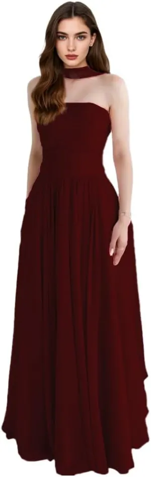 Strapless Evening Dresses for Women Chiffon A-line Draped Prom Party Gown