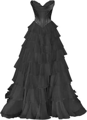 Strapless Prom Dresses 2025 Tiered Ruffle Chiffon Ball Gown Corset Satin Quinceanera Dresses
