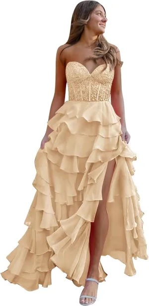 Strapless Ruffle Corset Prom Dress 2025 Long Tiered Formal Gowns Lace Chiffon Evening Dress with Slit