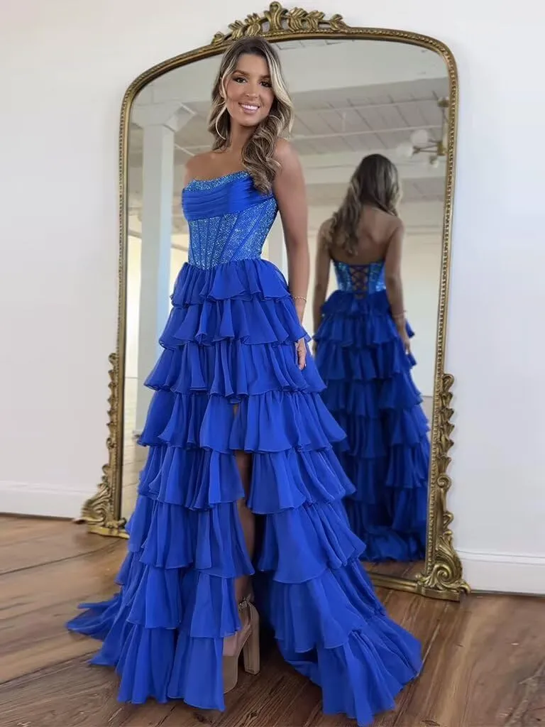 Strapless Ruffles Prom Dresses for Women Sparkly Tiered Chiffon Corset Long Formal Evening Gowns with Slit