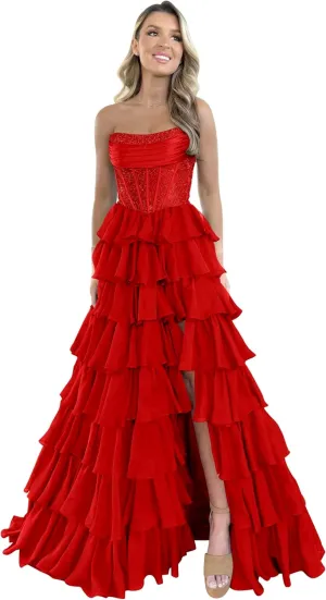 Strapless Ruffles Prom Dresses for Women Sparkly Tiered Chiffon Corset Long Formal Evening Gowns with Slit