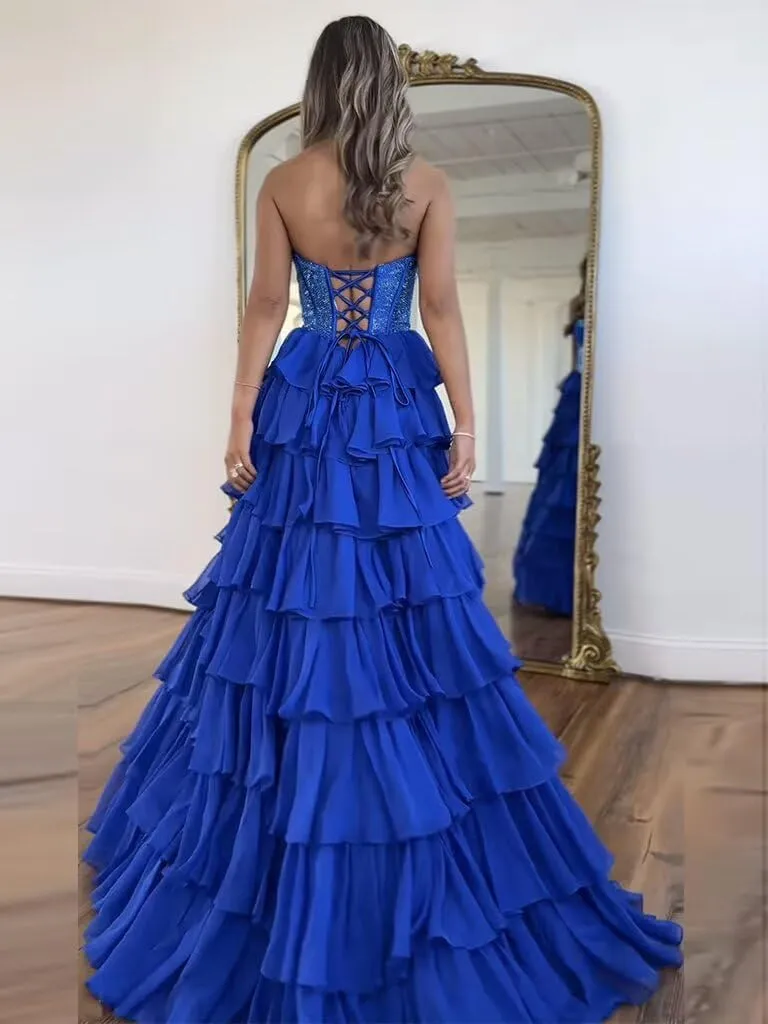 Strapless Ruffles Prom Dresses for Women Sparkly Tiered Chiffon Corset Long Formal Evening Gowns with Slit