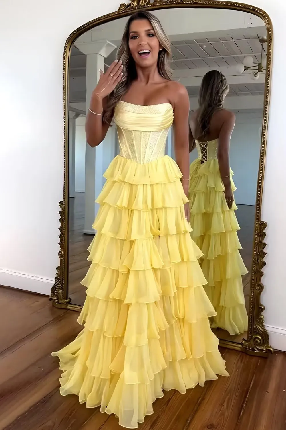 Strapless Ruffles Prom Dresses for Women Sparkly Tiered Chiffon Corset Long Formal Evening Gowns with Slit