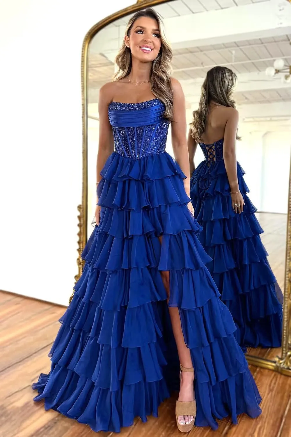 Strapless Ruffles Prom Dresses for Women Sparkly Tiered Chiffon Corset Long Formal Evening Gowns with Slit