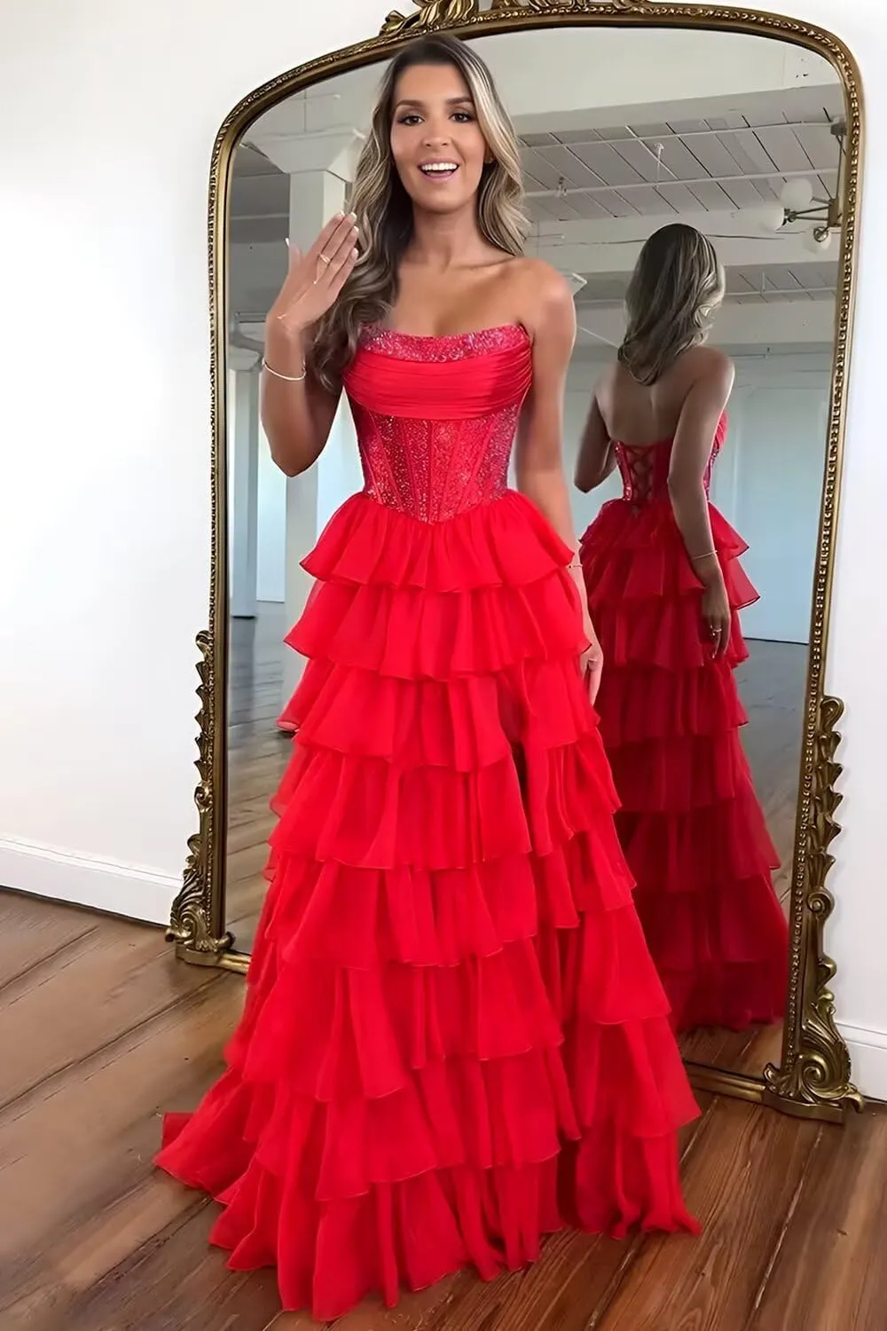 Strapless Ruffles Prom Dresses for Women Sparkly Tiered Chiffon Corset Long Formal Evening Gowns with Slit