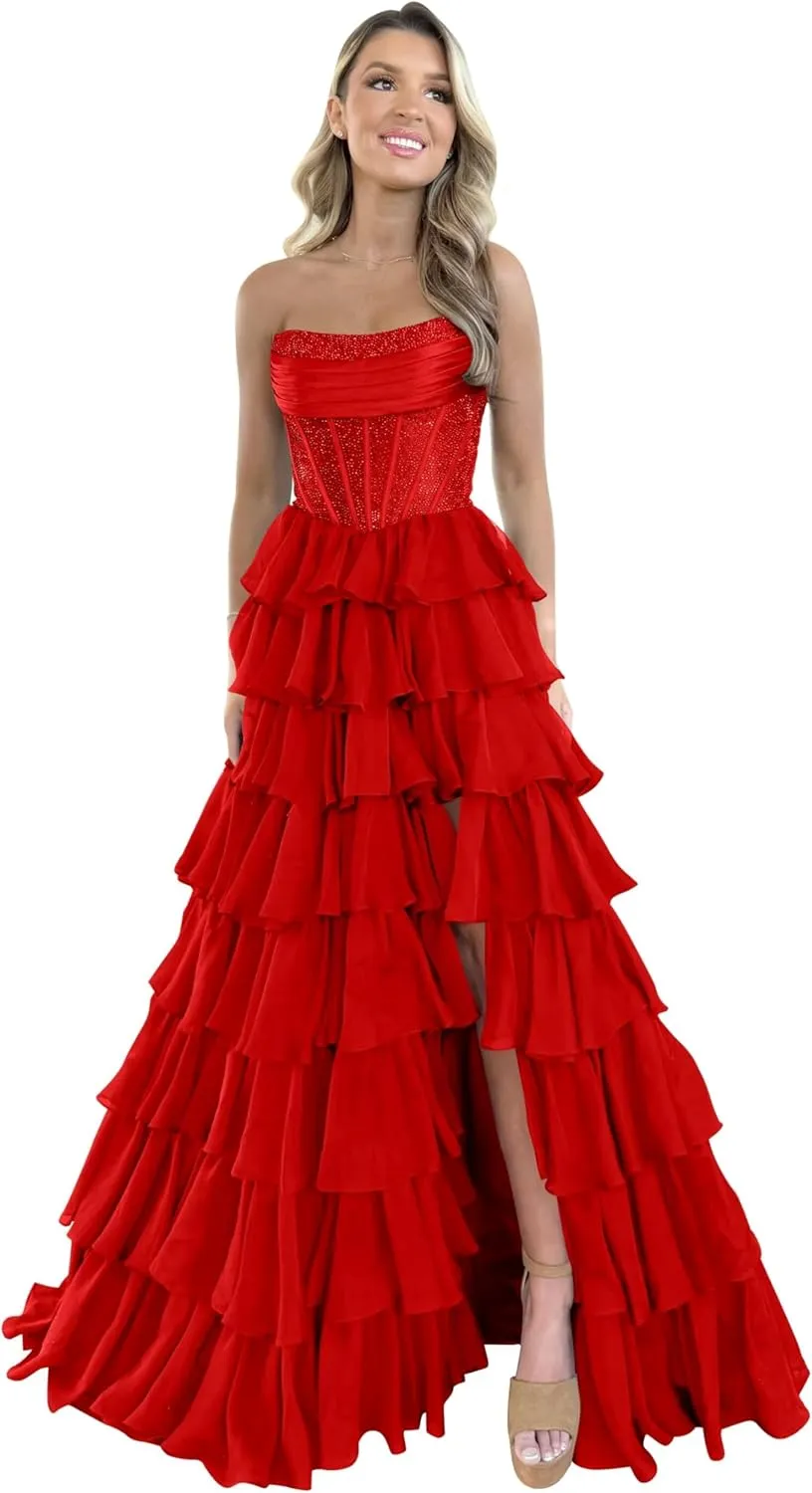 Strapless Ruffles Prom Dresses for Women Sparkly Tiered Chiffon Corset Long Formal Evening Gowns with Slit