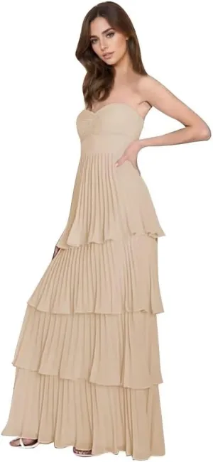 Strapless Tiered Prom Dress Chiffon Ruffle Bridesmaid Dresses for Wedding Long A-Line Formal Evening Gown