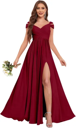 Sukleet Bridesmaid Dresses for Women A-Line Cold Shoulder Pleated Chiffon Formal Party Gowns with Slit Pockets