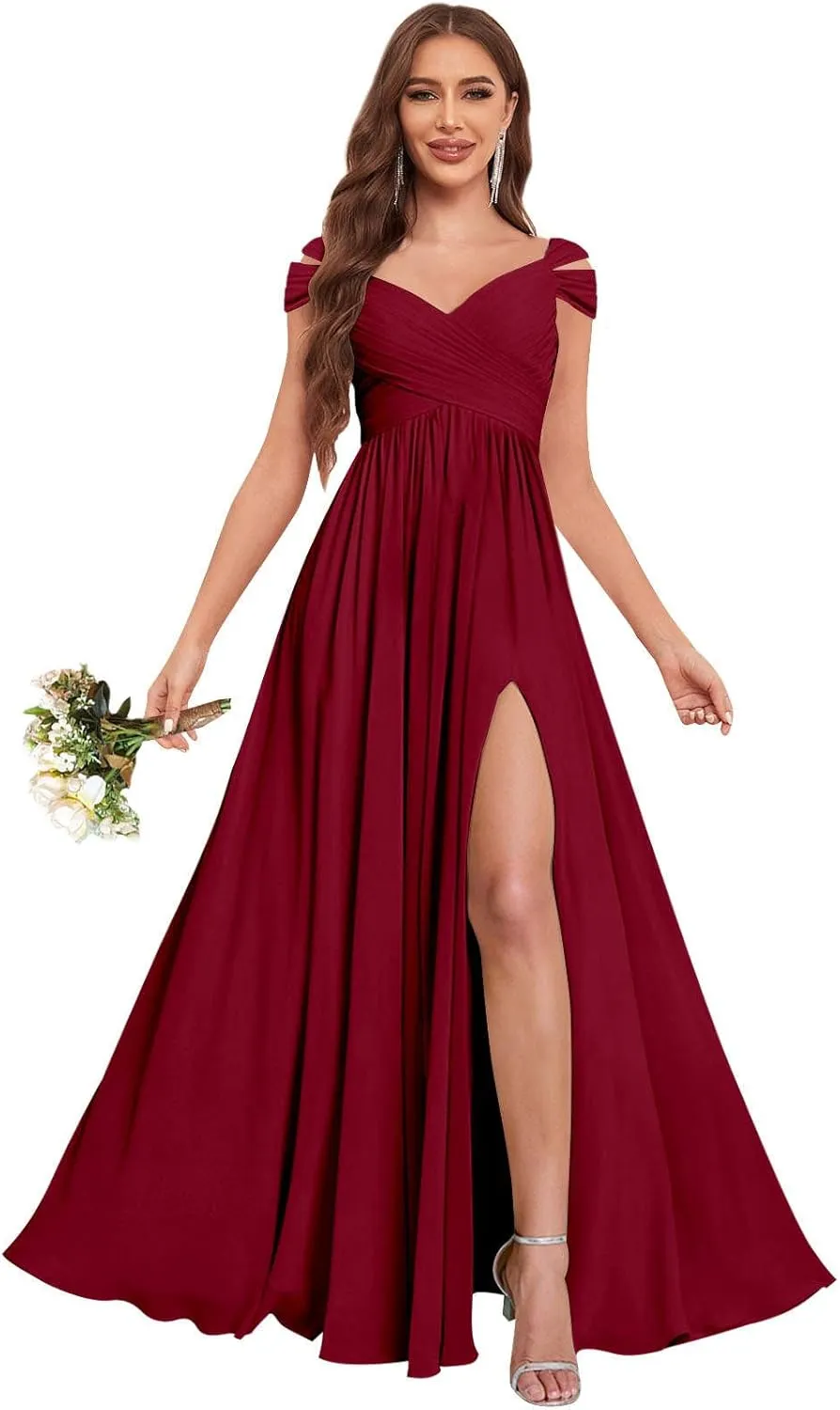 Sukleet Bridesmaid Dresses for Women A-Line Cold Shoulder Pleated Chiffon Formal Party Gowns with Slit Pockets
