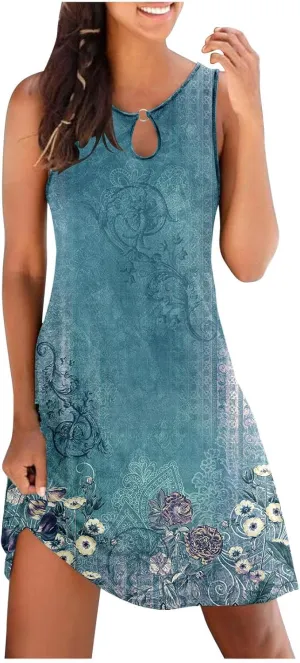 Summer Dresses for Women 2024 Sexy Sleeveless Sundress Retro Boho Floral Beach Party Dress Casual Flowy Crewneck Mini Dress