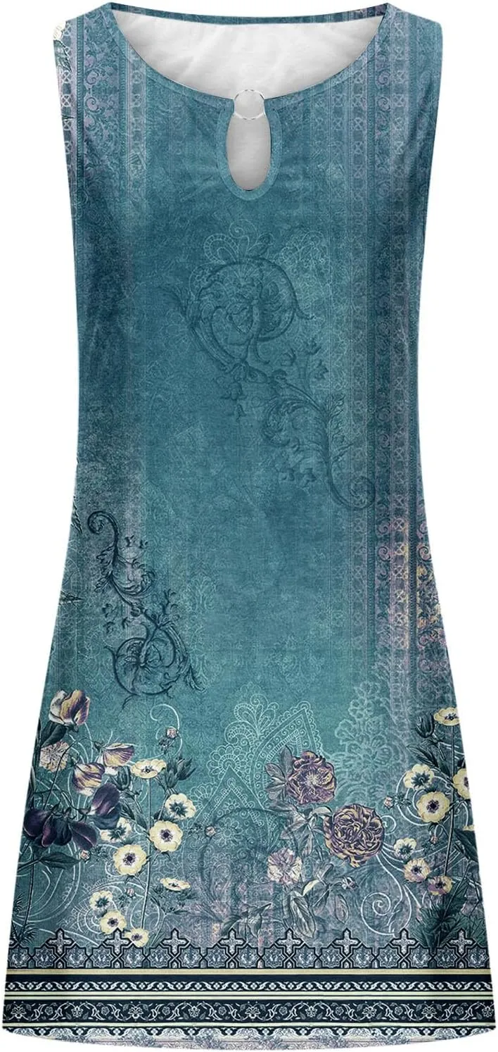 Summer Dresses for Women 2024 Sexy Sleeveless Sundress Retro Boho Floral Beach Party Dress Casual Flowy Crewneck Mini Dress