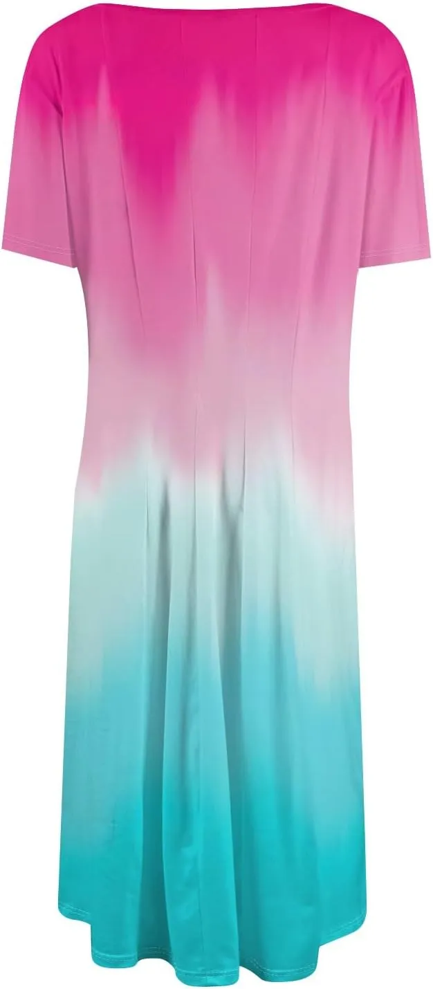 Summer Dresses for Women 2025 Casual Short Sleeve Round Neck Midi Dresses Elegant Pleated A Line Flowy Sundresses