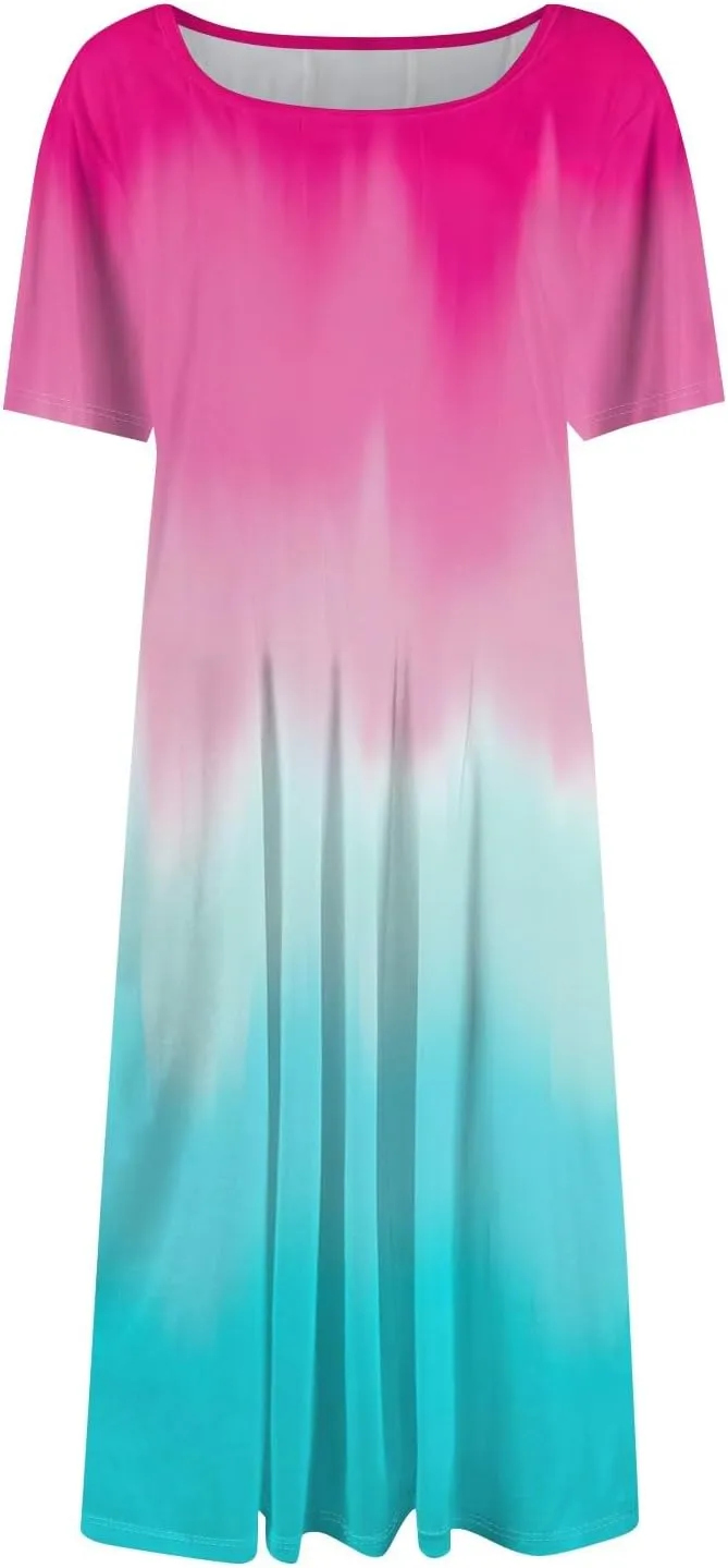 Summer Dresses for Women 2025 Casual Short Sleeve Round Neck Midi Dresses Elegant Pleated A Line Flowy Sundresses